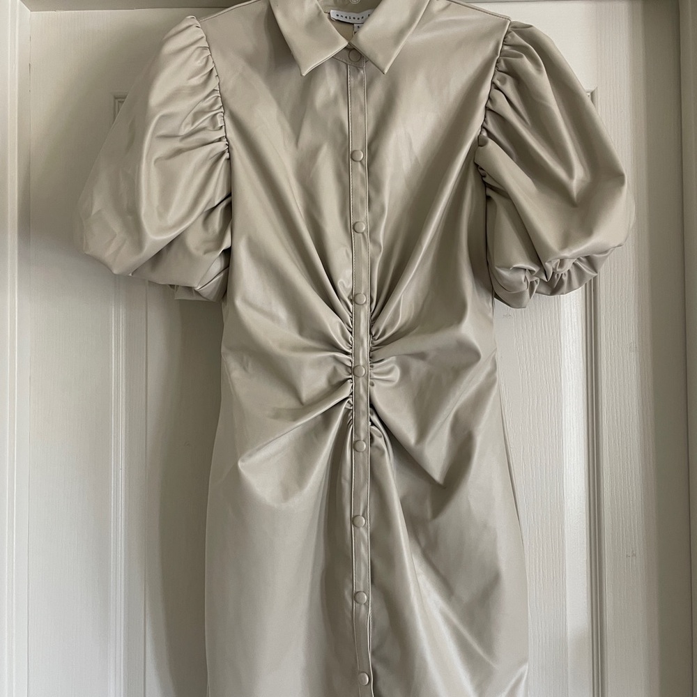 Endless Rose Leather Puff Sleeve Dress Taupe Size Small Mew with Tags